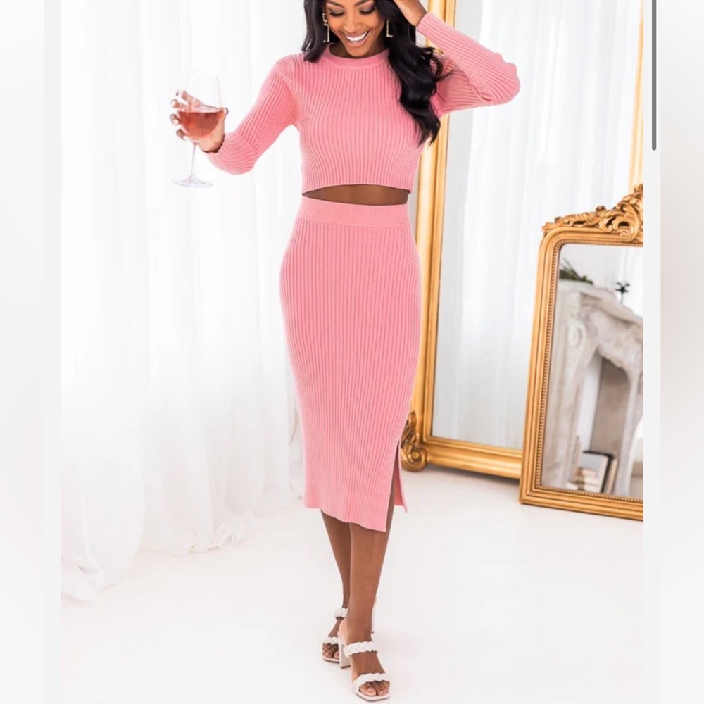 Say The Words Pink Ribbed Midi Skirt - Small
